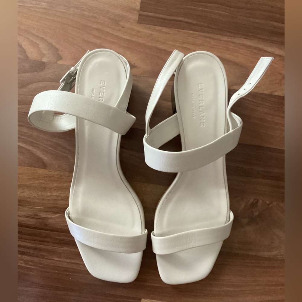 Everlane The Double-Strap Block Heel Sandals Ivory White Leather Italy Size 9.5